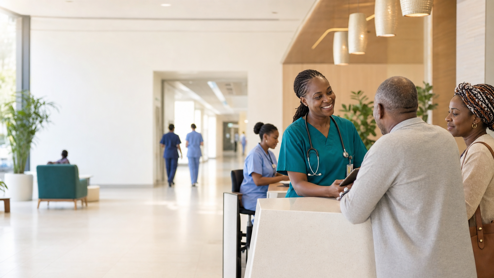 Medical staff helping a patient and family member in a calm hospital reception